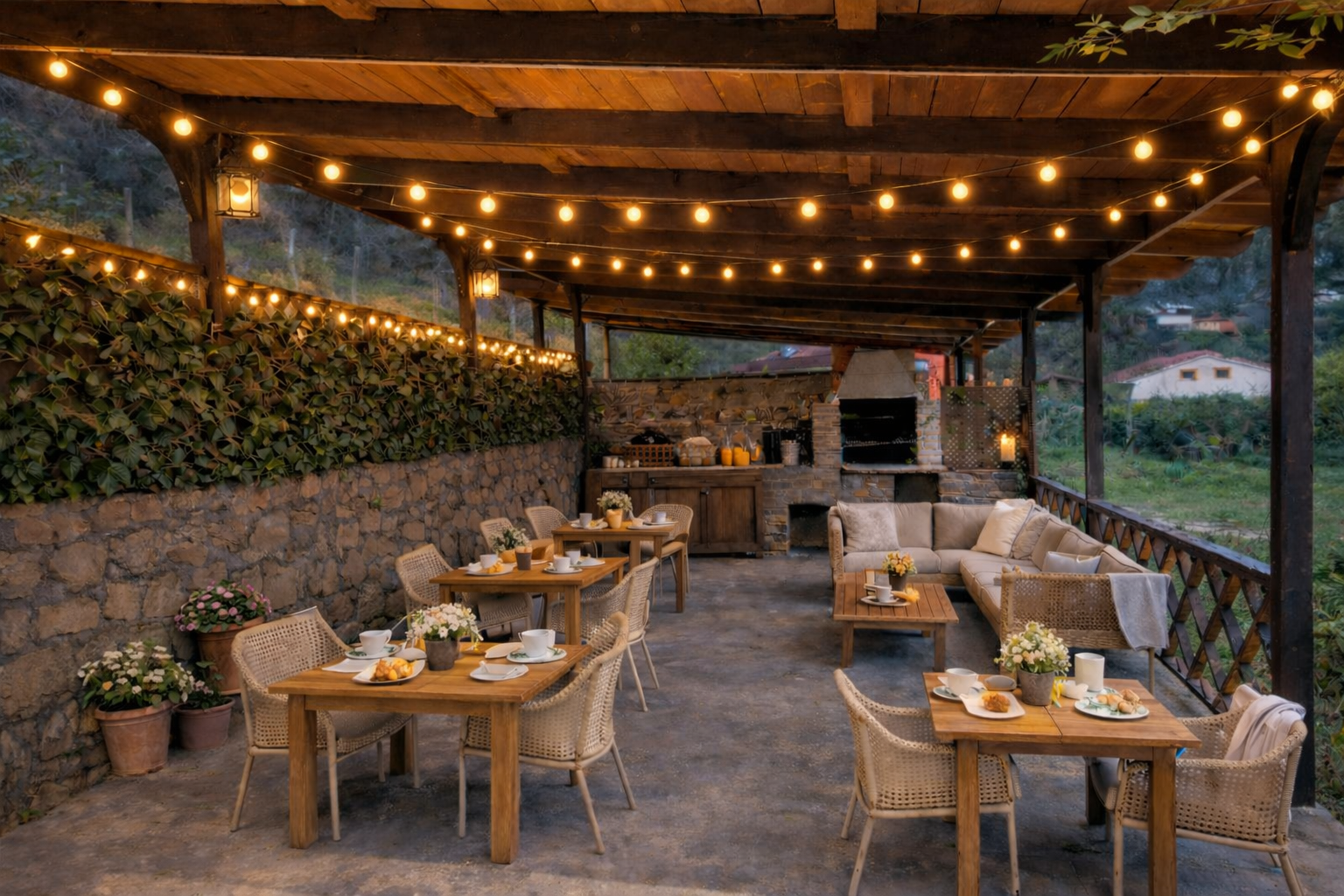 Zona chill y jardines del hotel rural en Asturias